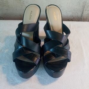 Aldo Casuarina Platform Heel Womens Sz 6.5 Black Open Toe Casual